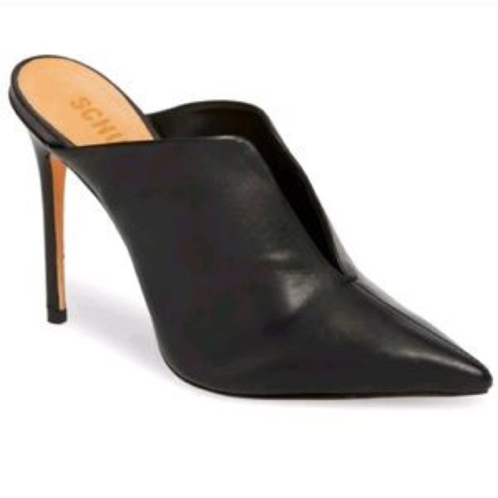 SCHUTZ Womens Black Docia Toe Stiletto Slip On Leather Heeled Mules Shoes 6
